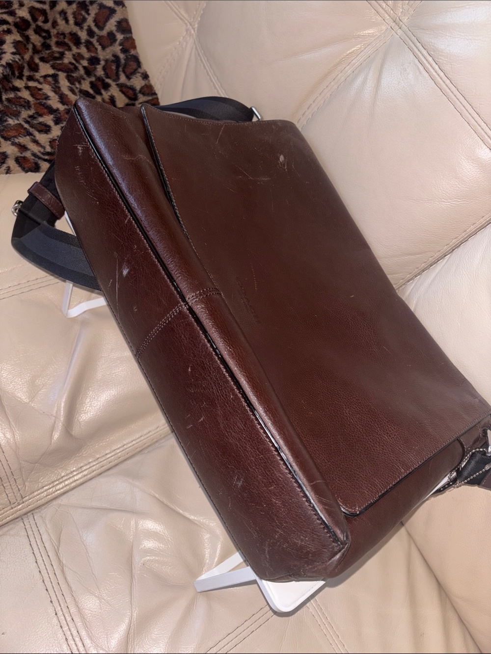 Coach Men's Brown Leather Messenger Bag with Stripe Strap - Picture 14 of 15